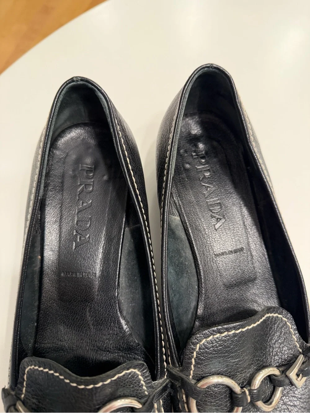 Vintage Prada Black Leather Square-Toe Loafers with Silver Rings
